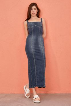 Kadın Tint Kot Rengi Esnek Kumaş Arkadan Yırtmaçlı Uzun Denim Elbise