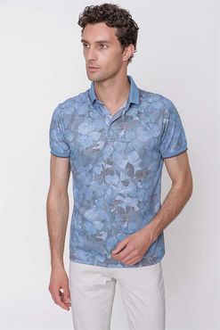 Morven Erkek Mavi İnterlok Desenli Trend Dynamic Fit Rahat Kesim Kısa Kol Tişört