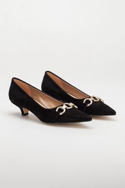 Odella Gold Toka Detaylı Topuklu Ayakkabı Siyah Süet