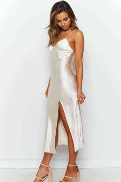 Merry See Saten Uzun Yırtmaçlı Gecelik Elbise Beyaz - MS2321