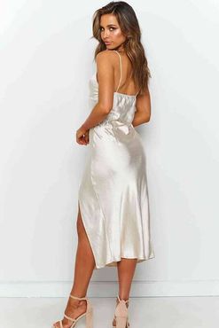 Merry See Saten Uzun Yırtmaçlı Gecelik Elbise Beyaz - MS2321