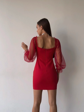Uzun Tül Lastik Kol Kalp Yaka Göğüs Pedli Kadın Kırmızı Mini Elbise