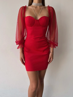 Uzun Tül Lastik Kol Kalp Yaka Göğüs Pedli Kadın Kırmızı Mini Elbise