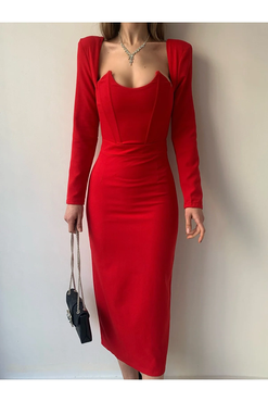 Korse Görünümlü Yaka Detaylı Kırmızı Maxi Elbise
