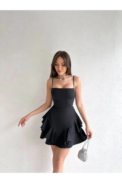 Prenses Model Askılı Siyah Elbise