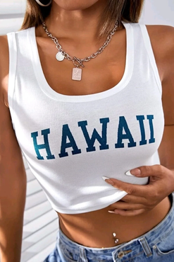Kadın Beyaz Hawaii Baskılı Askılı Crop Top Bluz