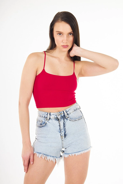 Elia Moda Kadın Kırmızı Ince Ip Askılı Crop Bluz